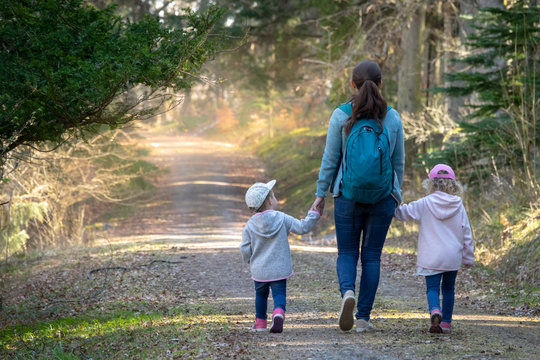 Hiking in the woods. Mother with daughters walking on a path in a sunny forest. Sweden