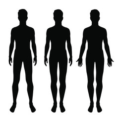 Vector silhouettes of man standing,three shapes, black color, isolated on white background