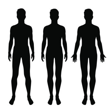 Vector silhouettes of man standing,three shapes, black color, isolated on white background
