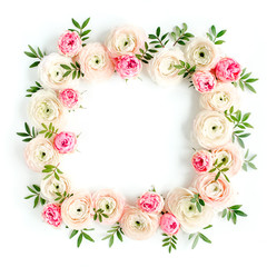 Floral pattern frame made of pink ranunculus and roses flower buds on white background.  Flat lay, top view floral background.