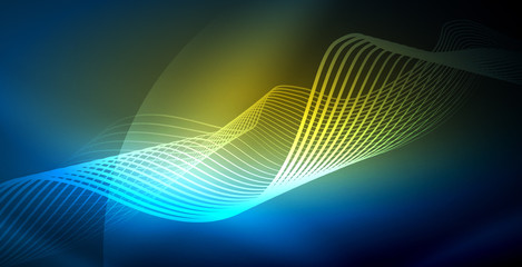 Glowing abstract wave on dark, shiny motion, magic space light. Vector techno abstract background