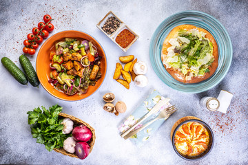 delicious healthy food salads menu concept for restaurant top view.