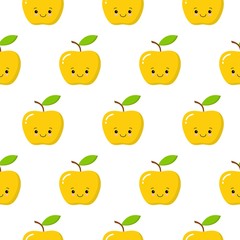 Yellow cute kawaii apple seamless pattern on the white background. Vector illustration.
