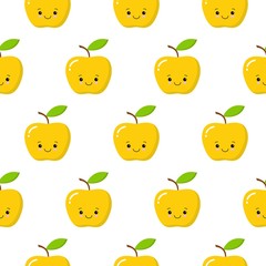 Yellow cute kawaii apple seamless pattern on the white background. Vector illustration.