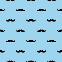 Seamless vector pattern, background or texture with black curly vintage retro gentleman mustaches on blue background.