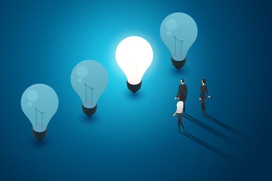 Concept with light bulbs blue background group of business people stand look and idea creativity thinking. illustration vector