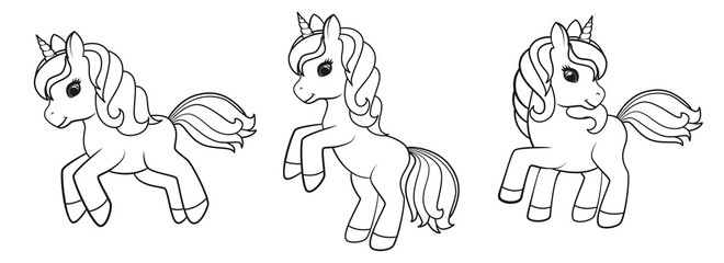Cute Cartoon Unicorns isolated on white background. Vector illustration for coloring books © tiena