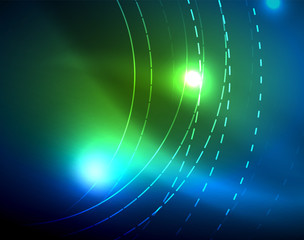 Blue neon circles, abstract circular lines. Glowing circle abstract pattern background