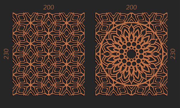 Laser cutting set. Woodcut vector trellis panels. Plywood lasercut floral design. Hexagonal seamless patterns for printing, engraving, paper cut. Stencil lattice ornaments.