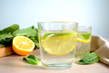 Cold refreshing lemonade with fresh mint and lemon in a glass Summer drink