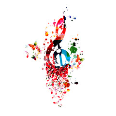 Fototapeta premium Music background with colorful G-clef and music notes vector illustration design. Artistic music festival poster, live concert events, party flyer, music notes signs and symbols