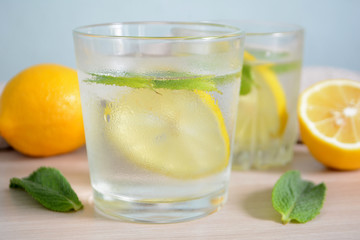 Cold refreshing lemonade with fresh mint and lemon in a glass Summer drink