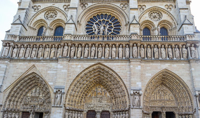 Marvelous sculptural and architectural details of Notre Dame Cathedral in Paris France. Before the fire. April 05, 2019
