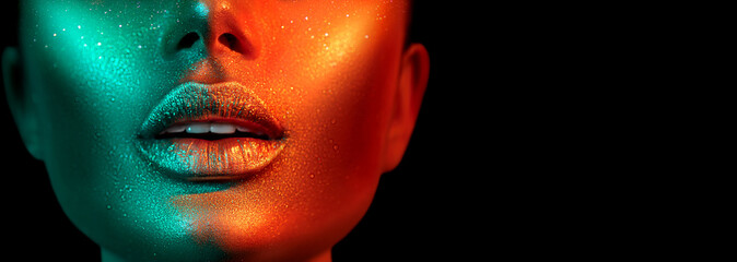 Fototapeta Fashion model woman face in bright sparkles, colorful neon lights, beautiful sexy girl lips. Trendy glowing gold skin make-up. Glitter metallic shine makeup obraz