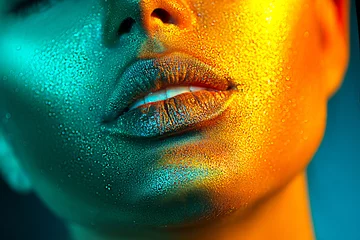 Model Frau Gesicht in hellen Scheinen, bunten Neonlichtern, schönen sexy Mädchenlippen. Trendiges, leuchtendes Goldhaut-Make-up. Glitzerndes Make-up mit metallischem Glanz © Subbotina Anna