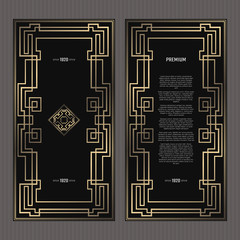 Vector card. Art Deco style. Dark golden geometric frame on black background. Luxury menu concept with logo.