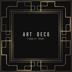 Vector card. Art Deco style. Dark golden geometric frame on black background.