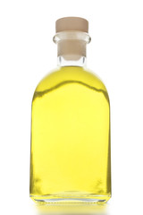 Organic oil in glass bottle on white