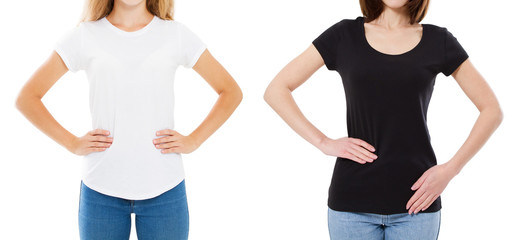 set of T-shirt design and people concept - close up of young woman in shirt blank white and black tshirt isolated.