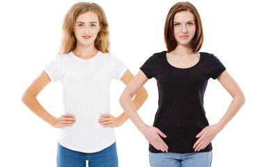 T-shirt set : two beautiful women in white and black tshirt mock up, woman in empty t shirt. Girl t shirt collage.