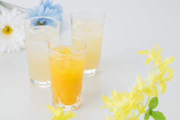 白背景にお花とフルーツジュースイメージオシャレアルコールかわいいカクテルバー