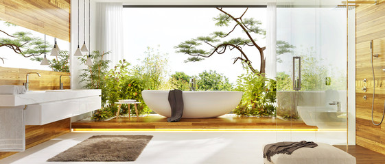 Modern bathroom with white bath, plants, shower and large window. Luxurious wooden bathroom