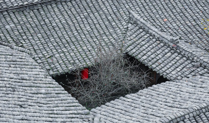 Chinese traditional building siheyuan, brick and tile structure, trees, red lanterns, Chinese style
