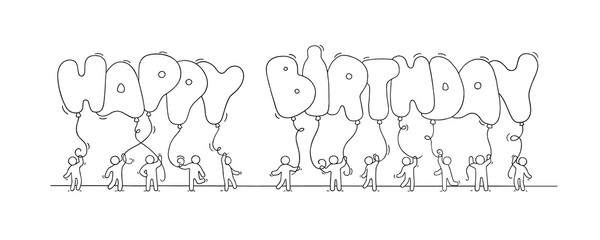 little people with words Happy Birthday.