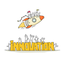 little people with fly rocket, word Innovation