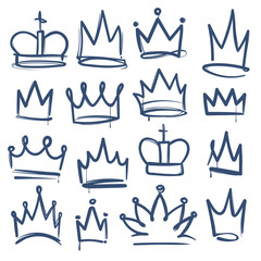 Doodle crown. Kingdom tiaras crowns king queen corona princess diadem sketch doodle drawn royal jewel imperial coronation, vector set