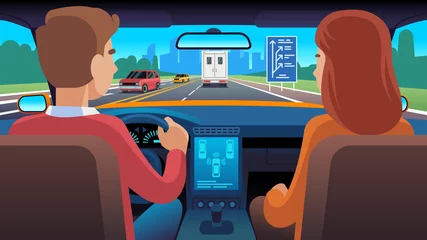 Foto op Plexiglas Mensen binnen auto-interieur. Reizen bestuurder navigatie stoel dating familie passagiers taxi veiligheid snelheid weg, platte vectorillustratie © YummyBuum
