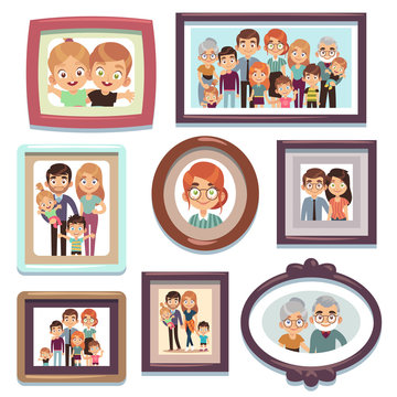 Family portrait photos. Pictures people photo frame happy characters relatives dynasty parents kids relationship, flat vector template