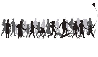 Fototapeta na wymiar People crowd silhouette. Group of person with shadows walk. Family and children, couple together, bicycle vector illustration