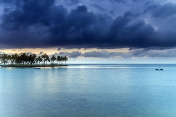 Tropical Sunrise with Island and Palm Trees