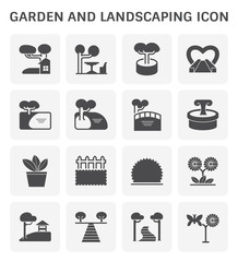 Garden and landscaping icon. Consist of ornamental and decoration object i.e. building, garden furniture, tree, bush, pond, bridge, fountain, pot, pavilion, walkway, flower and butterfly. Vector icon.