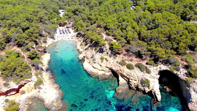 Aerial view, secluded cove Cala Falco or Cap de Falco and Cala Bella Donna with rugged cliffs, Sol de Mallorca, Cala Vinyes and Calvia, Mallorca, Balearic Islands, Spain
