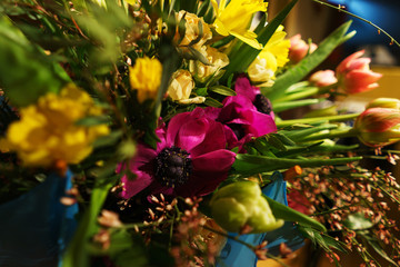 Obraz na płótnie Canvas Beautiful festive bouquet close-up. Bright bouquet of different flowers as a gift. 
