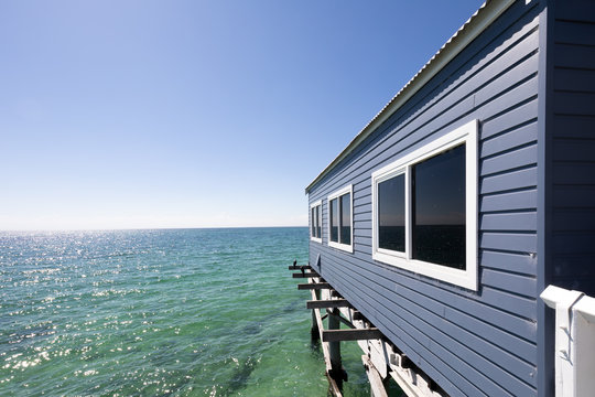 Boat Sheds on Busselton Jetty in Busselton, WA. Busselton Jetty is the second longest wooden jetty in the world at 1841 meters long.