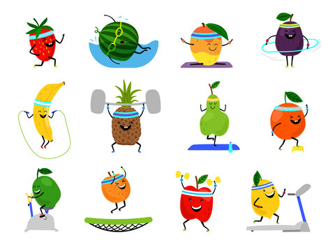 Sport fruits characters. Funny fruit foods on sport exercises, fitness vitaminic human healthy nutrition vector illustration