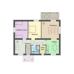 Colorful floor plan of a modern apartment. 2d vector blueprint. Architectural background.