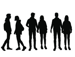 Vector silhouettes of  man and a woman, a couple of standing ahd walking business people with backpack, black color isolated on white background