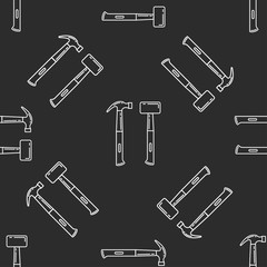 Hammer and sledge hammer isolated seamless pattern on dark gray almost black background. llustration on the theme of apartment renovation and tools for repair.