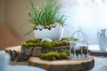 Easter table set. Decorated with eggs, nests and flowers.