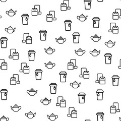 Product Of Natural Tea Seamless Pattern Vector. Cup With Hot Ceylon Tea, Leaf And Teabag With Label Monochrome Texture Icons. Aroma Morning Teatime Drink Template Flat Illustration