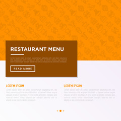 Restaurant menu concept with thin line icons: starters, chef dish, BBQ, soup, beef, steak, beverage, fish, salad, pizza, wine, seafood, burger. Modern vector illustration for print media, banner.