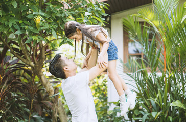 Happy time father and child spending time outdoors area of park at home concept