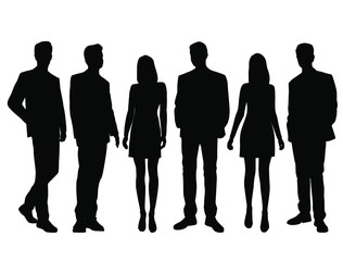 Set of vector silhouettes of  men and a women, a group of standing business people, black color isolated on white background