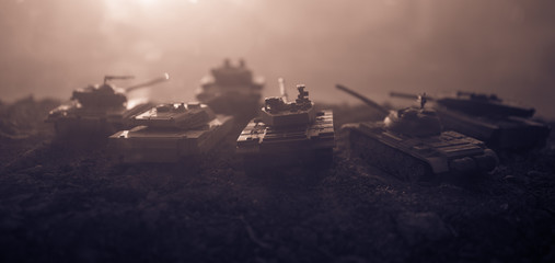 War Concept. Military silhouettes fighting scene on war fog sky background, World War Soldiers...