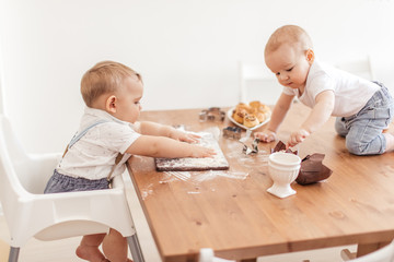 Obraz na płótnie Canvas Two little baby boys playing with flour and kitchen ware sitting on wooden table. Learning activities with children at home.