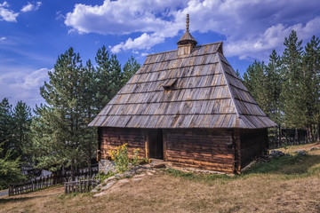 Wooden rural house from 1891 in open air museum in Sirogojno village in Zlatibor area, Serbia